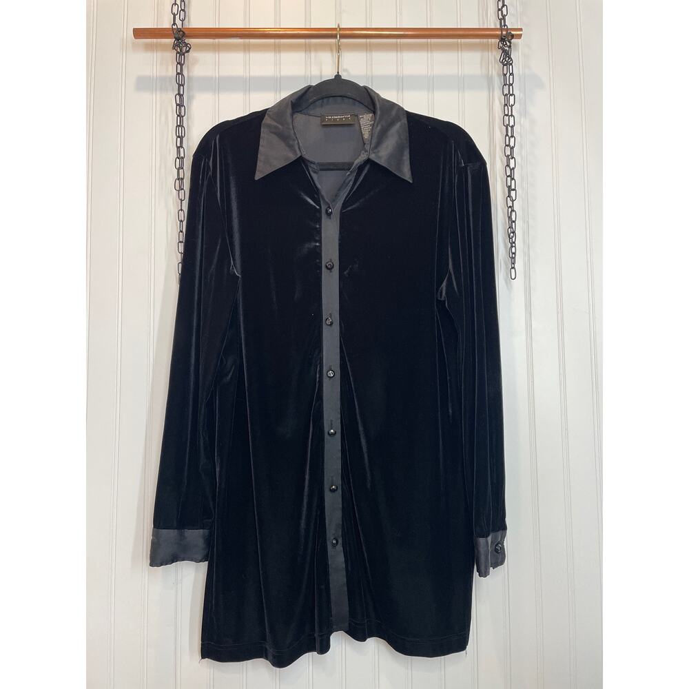 Liz Claiborne Womens Black Velvet Long Sleeve Button Up Shirt Size L